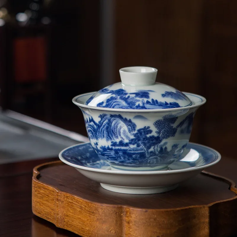 Chinese mainland Jingdezhen antique three talent cover bowl household tea bowl retro ceramic cover bowl