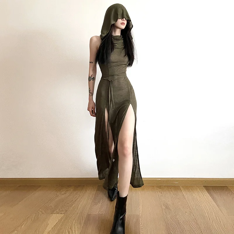 Vestido feminino Cyber Gothic Desert Walker com capuz, Y2K Punk Grunge, Vestido Midi oco, Sexy Split Side, Streetwear sólido, Goth escuro