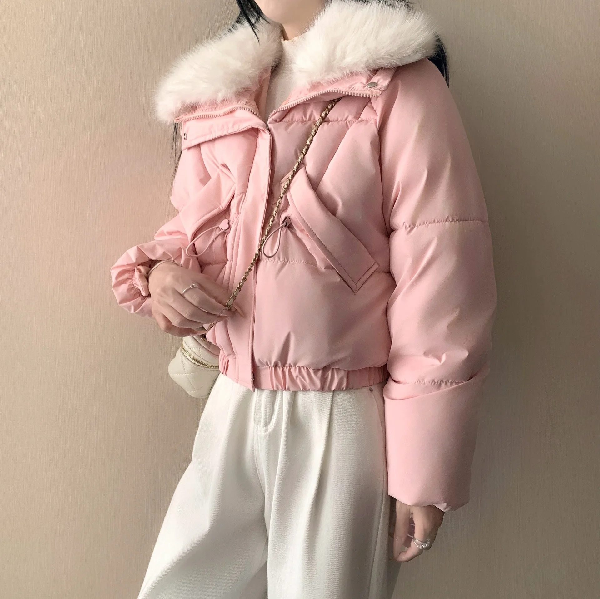 

Thicken Short Women Winter Jacket Korean Down Cotton Coat Casual Warm Fur Cropped Parkas Chic Streetwear Female Parkas Outerwear