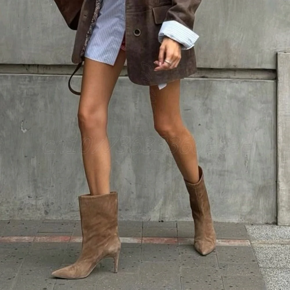 

Brown Pointed Toe Mid Calf Boots Suede Leather Fashion Shoes for Women Thin High Heels Fashion Shoes 2025 Zapatos Para Mujere