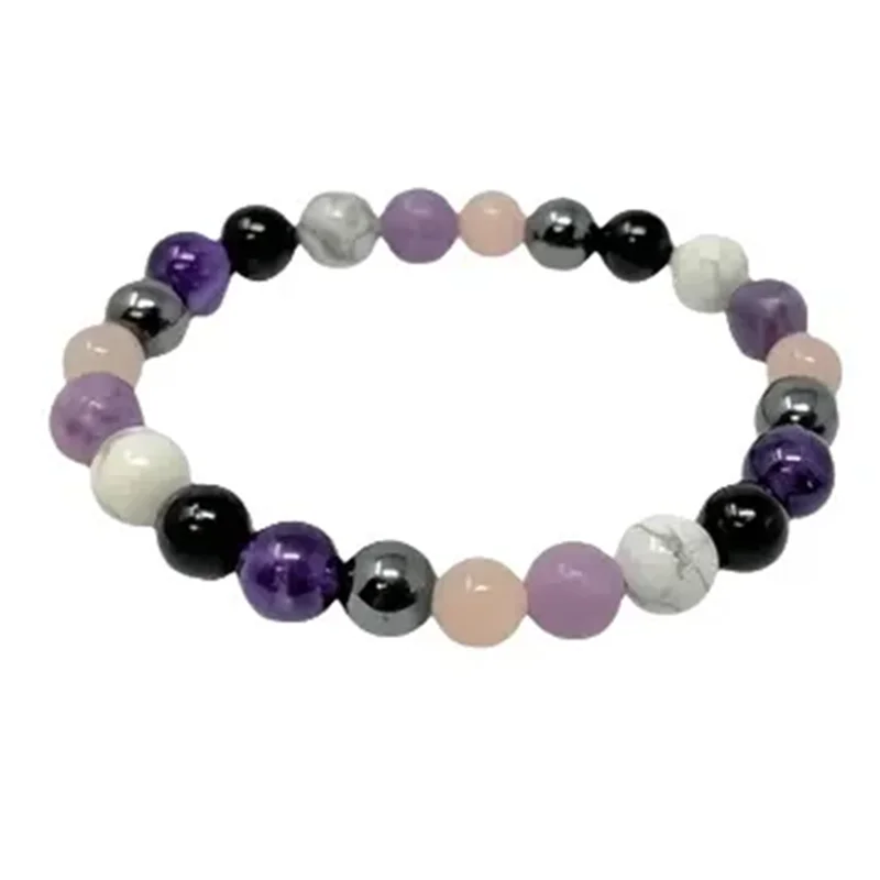 Stress Relief Bracelet: Amethyst, Black Tourmaline, Clear Quartz, Hematite, Lepidolite, Rose Quartz and White 8mm Round Crystal - view 6