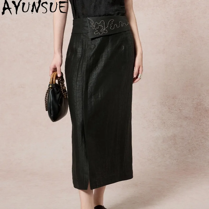 AYUNSUE 19mm Turtle-patterned Xiangyunsha Women's Skirts Chinese Style High-waisted Embroidered Summer Skirt Woman Clothes Юбка