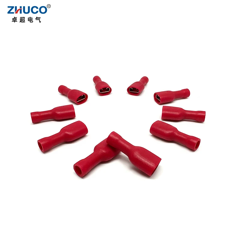 100pcs FDFD1.25-250 6.35mm Red Fully Insulated Electrical Cable Connector Faston Female Brass Crimp Spade Terminal 22-16 AWG