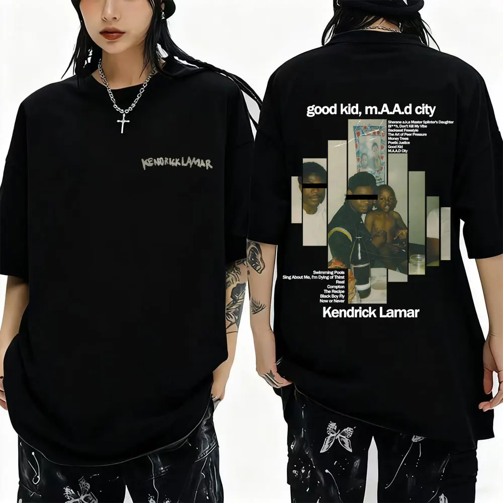 Camiseta gráfica del rapero Kendrick Lamar Good Kid Album para hombres y mujeres, camisetas Vintage de moda Hip Hop, ropa de calle informal de gran tamaño para hombre