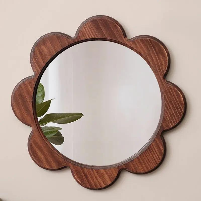 Retro bedroom wall mirror hanging non-perforated solid wood decorative mirror