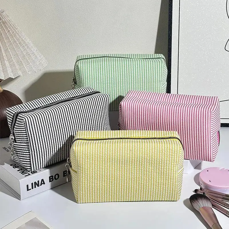 Striped Seersucker Cosmetic Bag Large Capacity Durable Zipper Perfect For Travel Daily Toiletries Storage