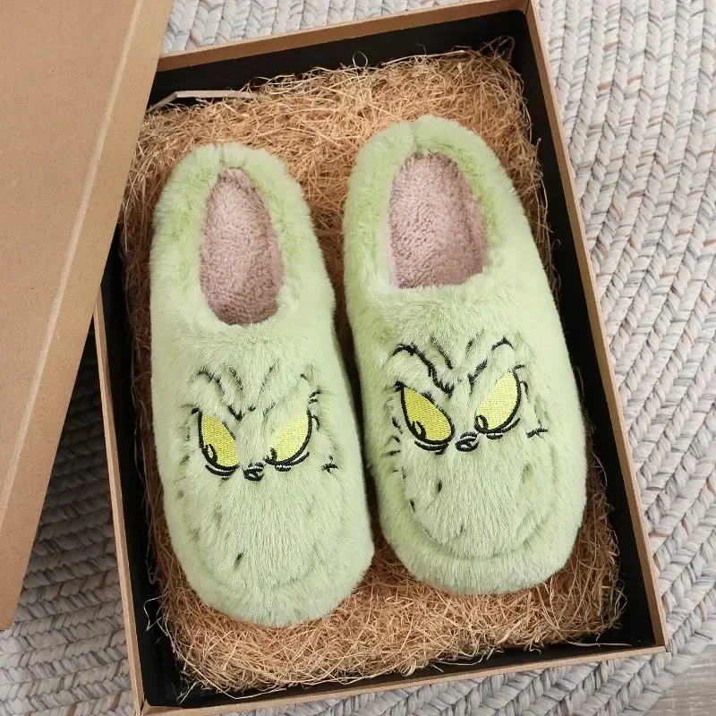 

Hot Seller Christmas Plush Slipper Women Winter Warm Cute Funny Green Haired Monster Slipper Non Slip Cotten Shoes New Year Gift