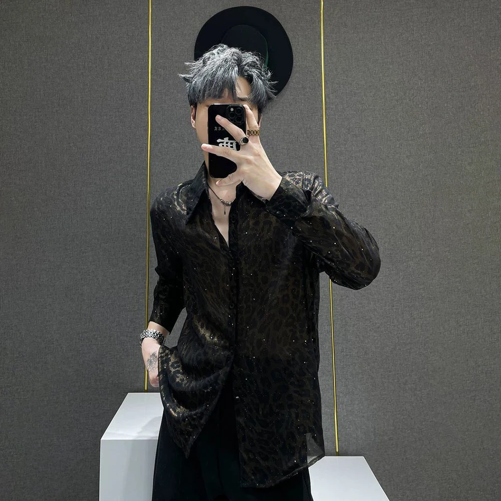 

Mens Sequined Leopard Print Thin Nightclub Mesh Shirt Streetwear Fashion Ballroom Stage Performance Top Men'S Clothing 2025 New