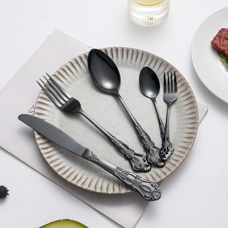 4/6/16/24pcs Stainless steel black knife, fork and spoon tableware set, palace high-end tableware, suitable for family hotel par