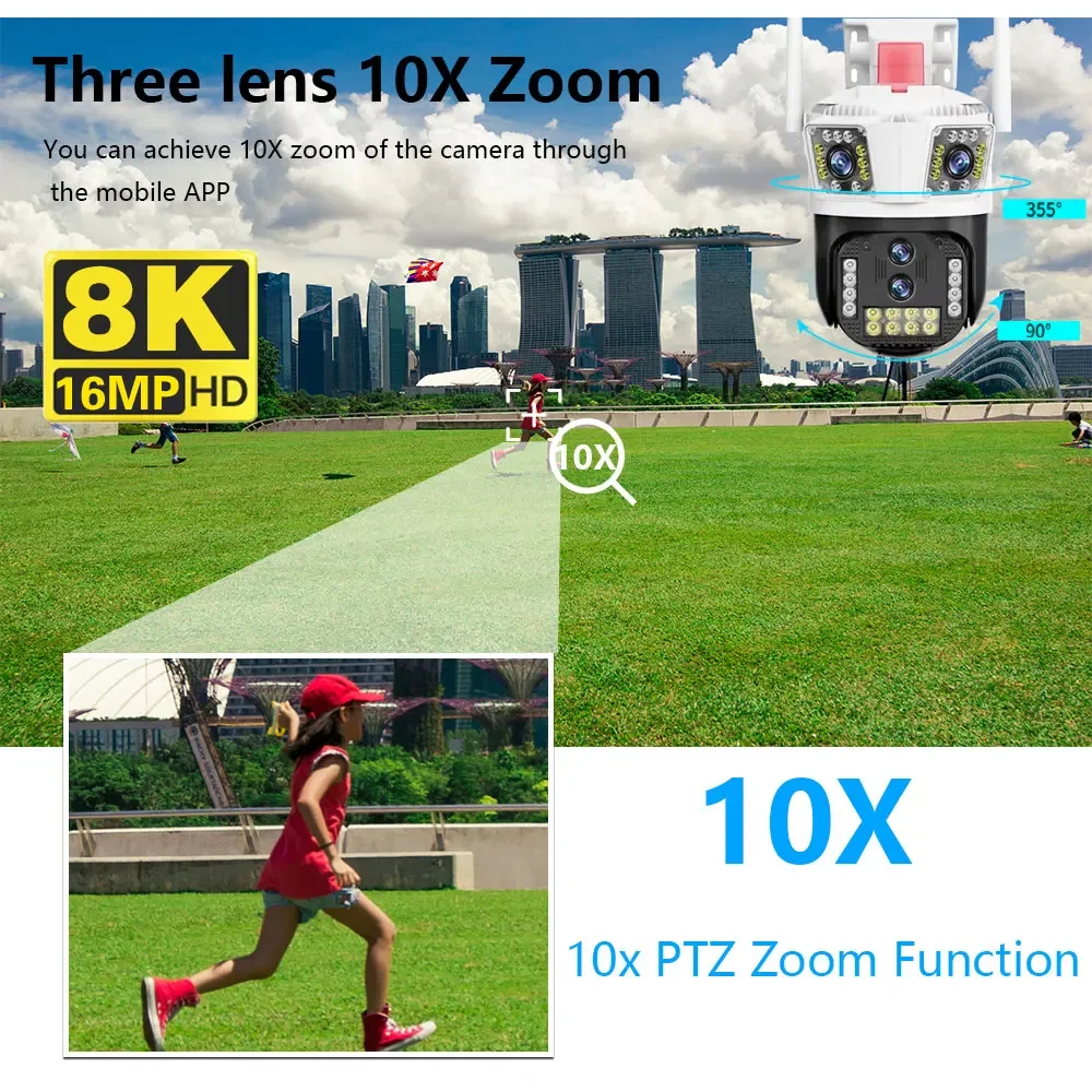 WIFI 16MP Home PTZ Sicherheit Kamera Vier Objektive Drei Bildschirm 10X Zoom AI Menschliches Auto Tracking 8K 4K Outdoor CCTV Überwachung Cam