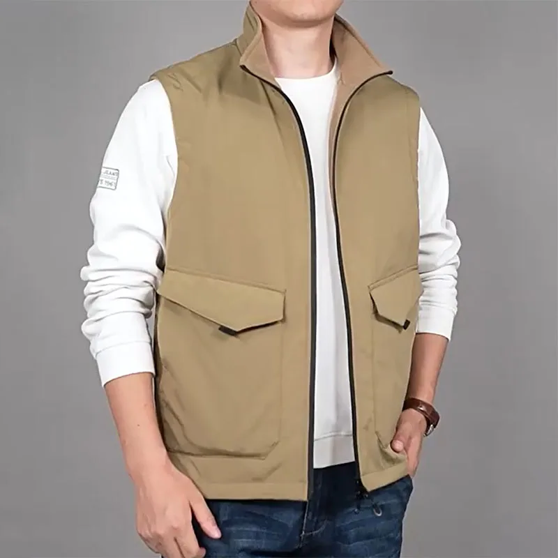 Men's Autumn Winter Leisure Vest Solid Color Stand-Up Collar Tooling Style Waistcoat Multi-Pocket Hiking Sleeveless Outdoor Vest