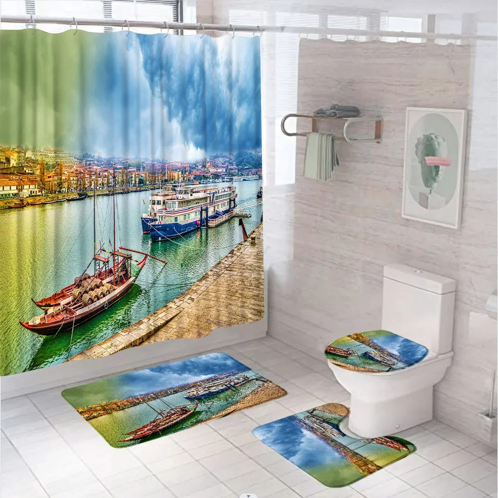 Ocean Beach Coastal Shower Curtain Set Blue Sea Sky Waves Seaside Natural Scenery Bathroom Screen With Rug Bath Mat Toilet Cover