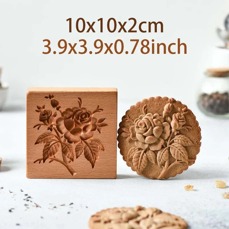 Wooden Cookie Mold Cutter 3D Cake Embossed Gingerbread  Baking Flower Kitchen Gadget