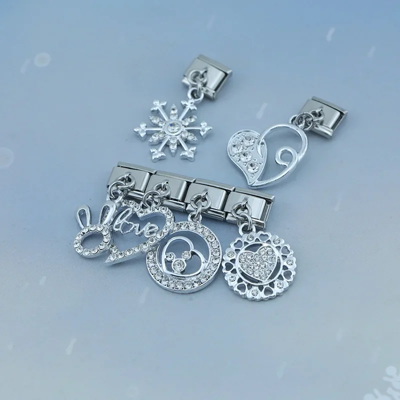 Hapiship Fashion New Romantic Heart Cherry Shiny CZ Italian Charm Link Fit 9mm Bracelet Stainless Steel Making DIY Jewelry DJ605