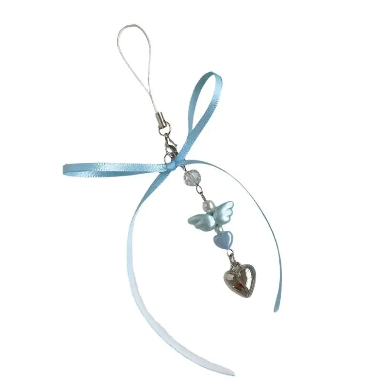 A52E Charm-Handykette in Herzform aus Silber, verziert mit Engelsflügel und Band – Detail 10