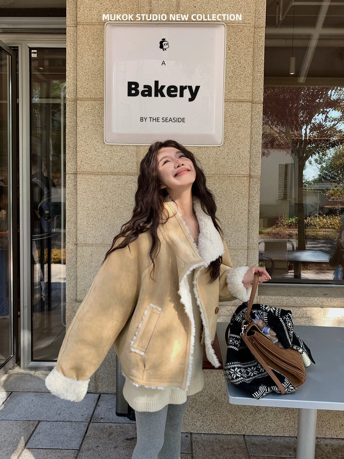 MUKOK Eco-Friendly Thiened Lamb Fur ort Jaet Color Blo Fur Leather Inteated Vintage Sle Women's Outerwear