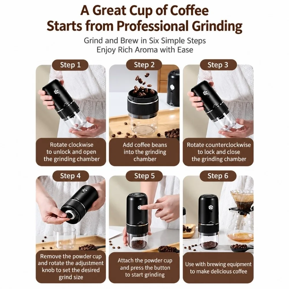 USB Rechargeable Portable Coffee Grinder Ceramic Burr Cordless Mini Coffee Grinder Induction Self Stop Long Battery Life
