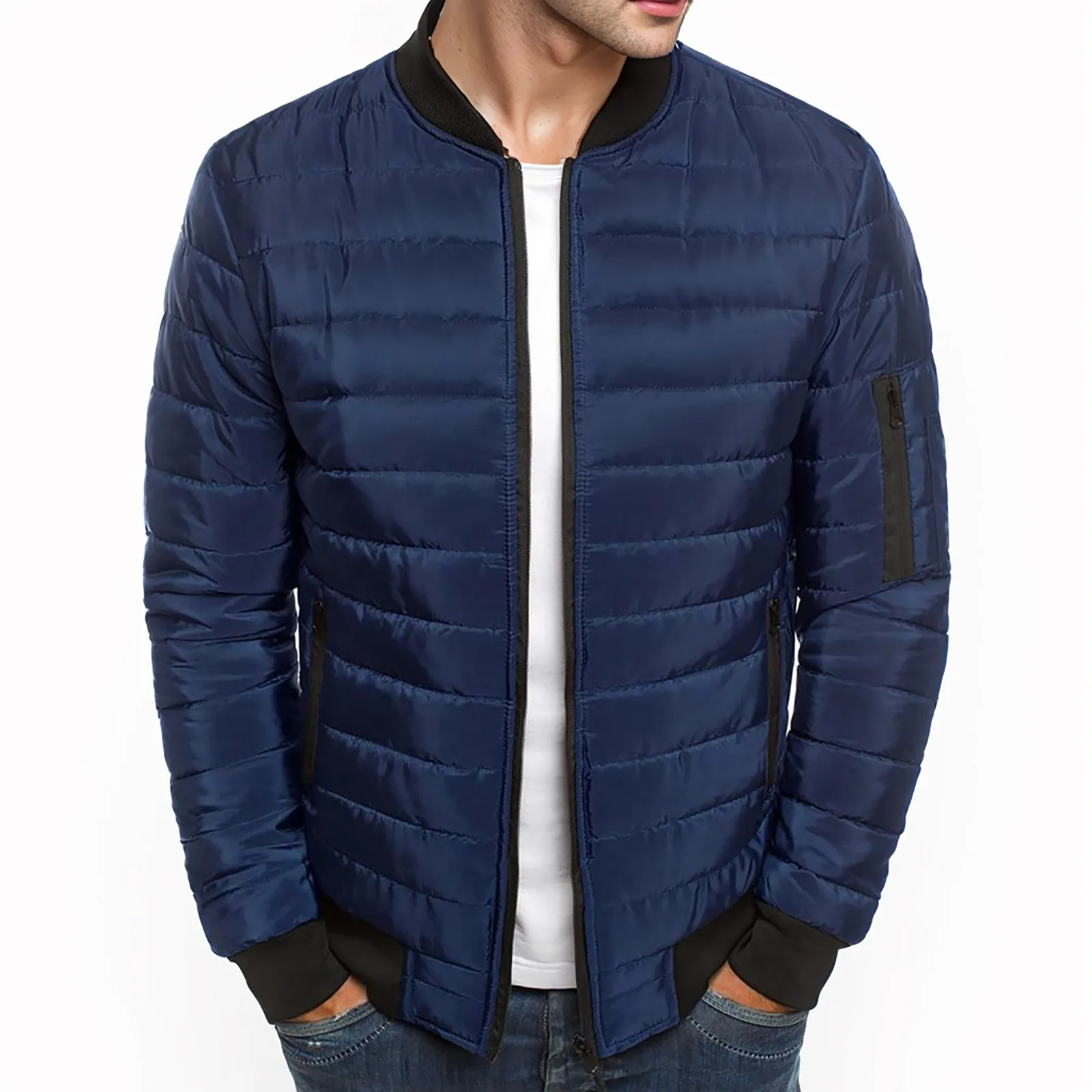 Men Quilted Padded Jacket Casual Zip Up Winter Warm Jacket Casual stripe Stand-Up Zip Coat Windproof Outwear Thick Chic jacket