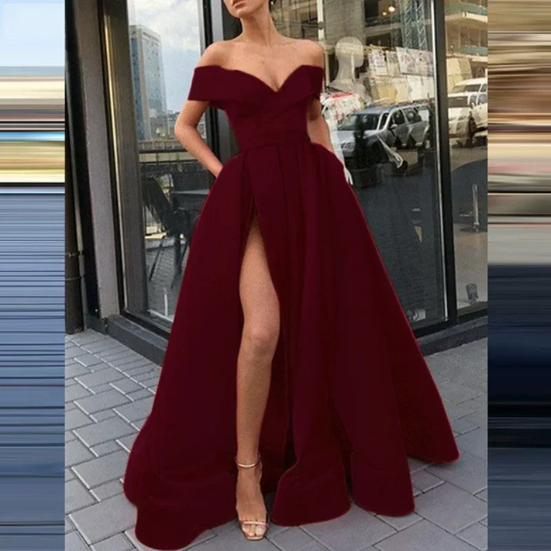 Customized Sexy Deep V Neck Long Party Dress Solid Elegant Sleeveless High Slit Dress Lady Fashion Off Shoulder Pleated Maxi Dre