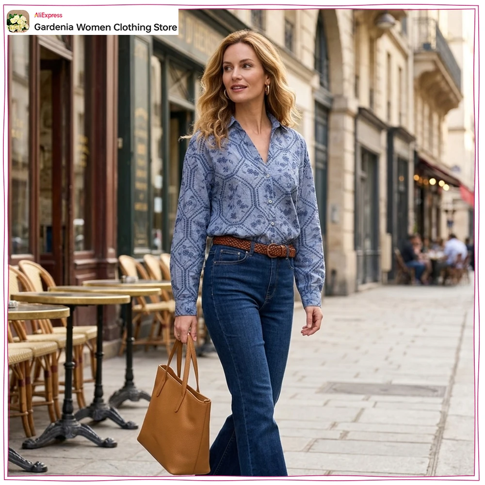 

Aesthetic Women Blue Embroidered Eyelet Shirts New in Casual Lapel Collar V-neck Shirts with Long Sleeves and Embroidered Eyelet