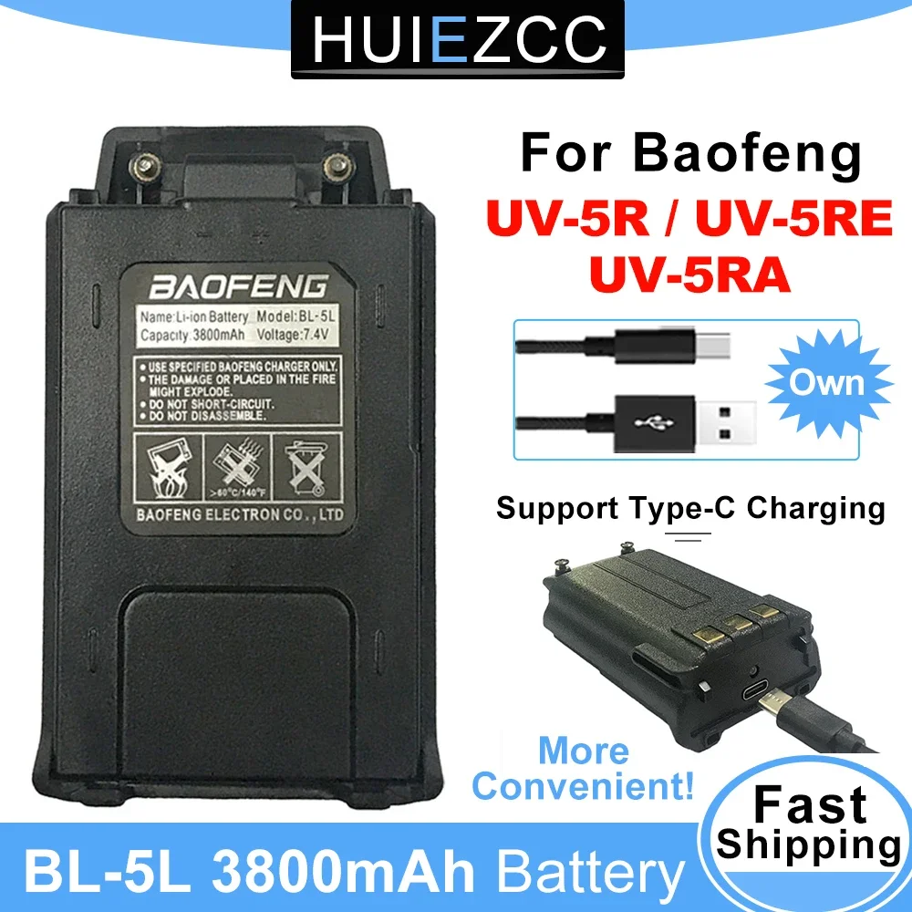 Para baofeng UV-5R original 3800mah bateria BL-5L 7.4v tc porta de carregamento baterias para walkie talkie uv5r UV-5RE DM-5R plus BF-F8