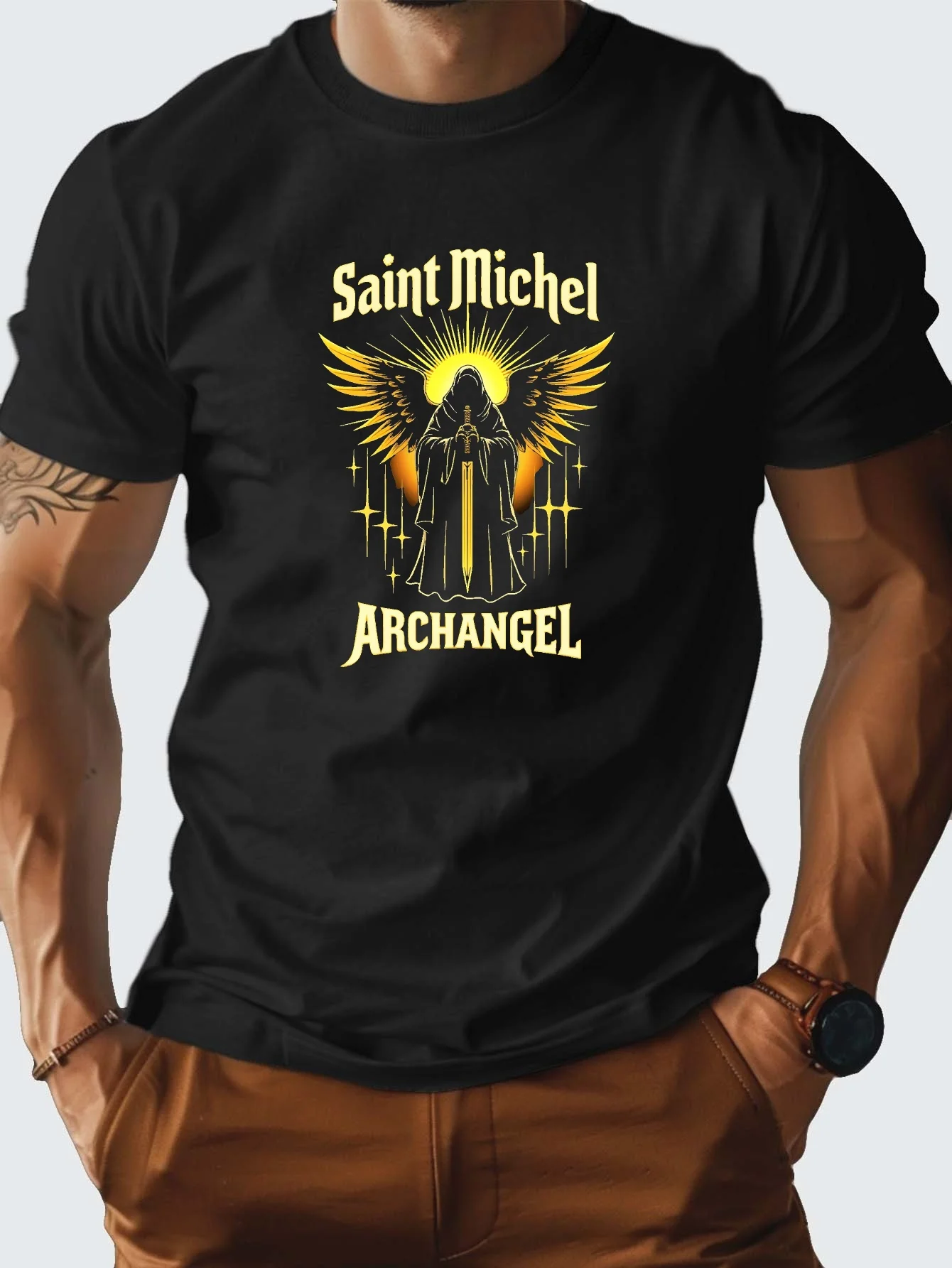 Saint Michael Archangel Golden Angel pattern ，100% cotton summer  O-neck short sleeve O-neck printed T-shirt.