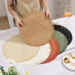 Tassel Paper Woven Placemat Solid Color Circular Lace Anti Slip Placemat Environmentally Friendly Coffee Dining Table Decor Mat