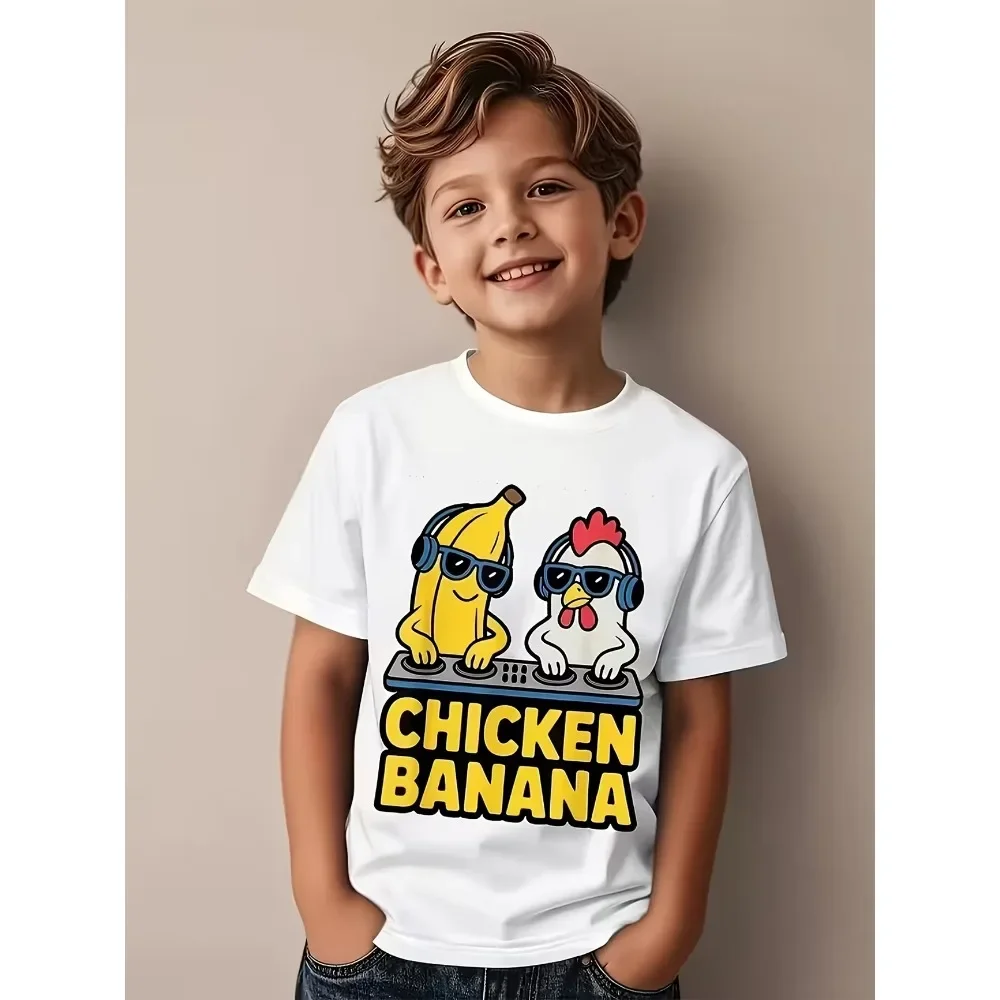 Children's Summer T-Shirt Cartoon Chicken & Banana Print Crew Neck Short Sleeve Casual Sports Fashion for Boys And Girls