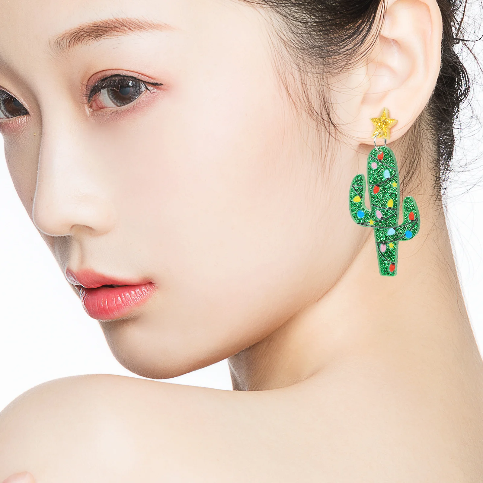 

1Pair Christmas Earrings Cactus Shape Acrylic Ear Studs Stylish Festive Jewelry for Women Tiny Unique Statement Earrings