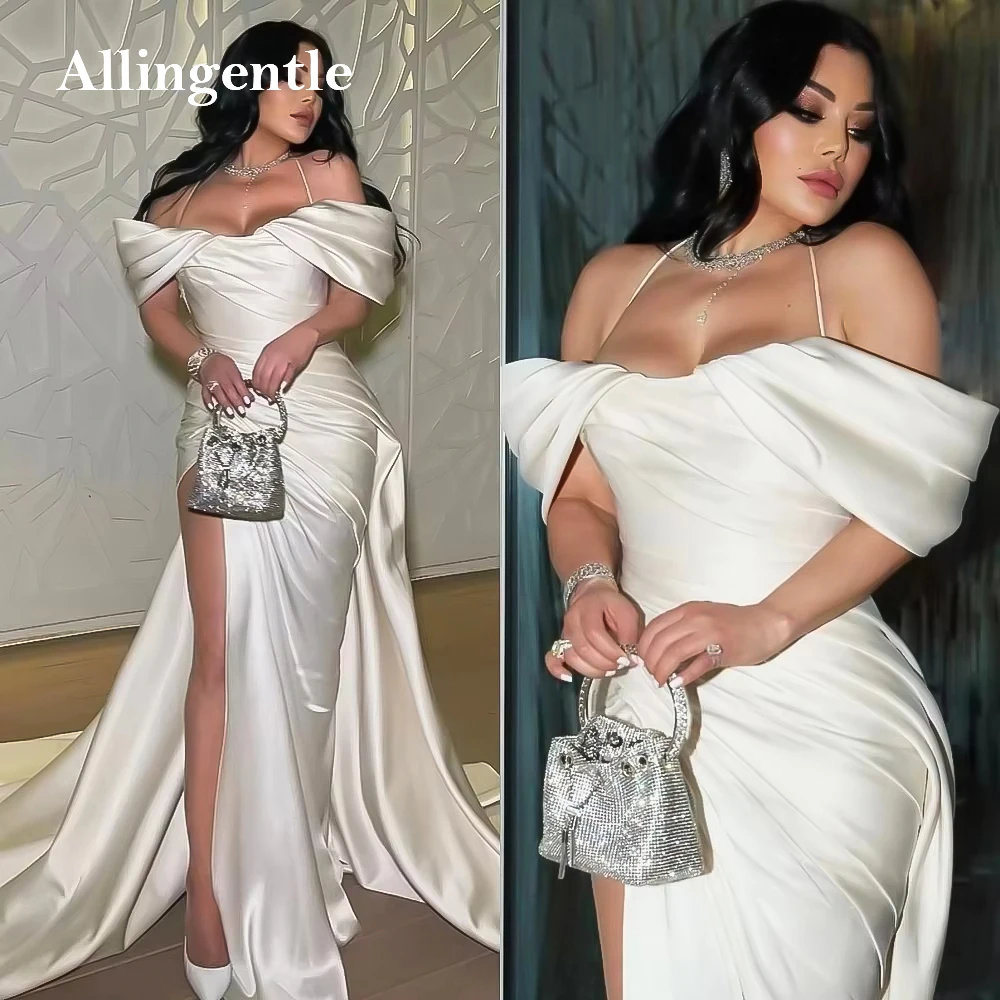 

Modest Satin Halter Arabic Evening Dresses with High Split Long Mermaid Prom Dress Elegant Women Wedding Party Gown Customized