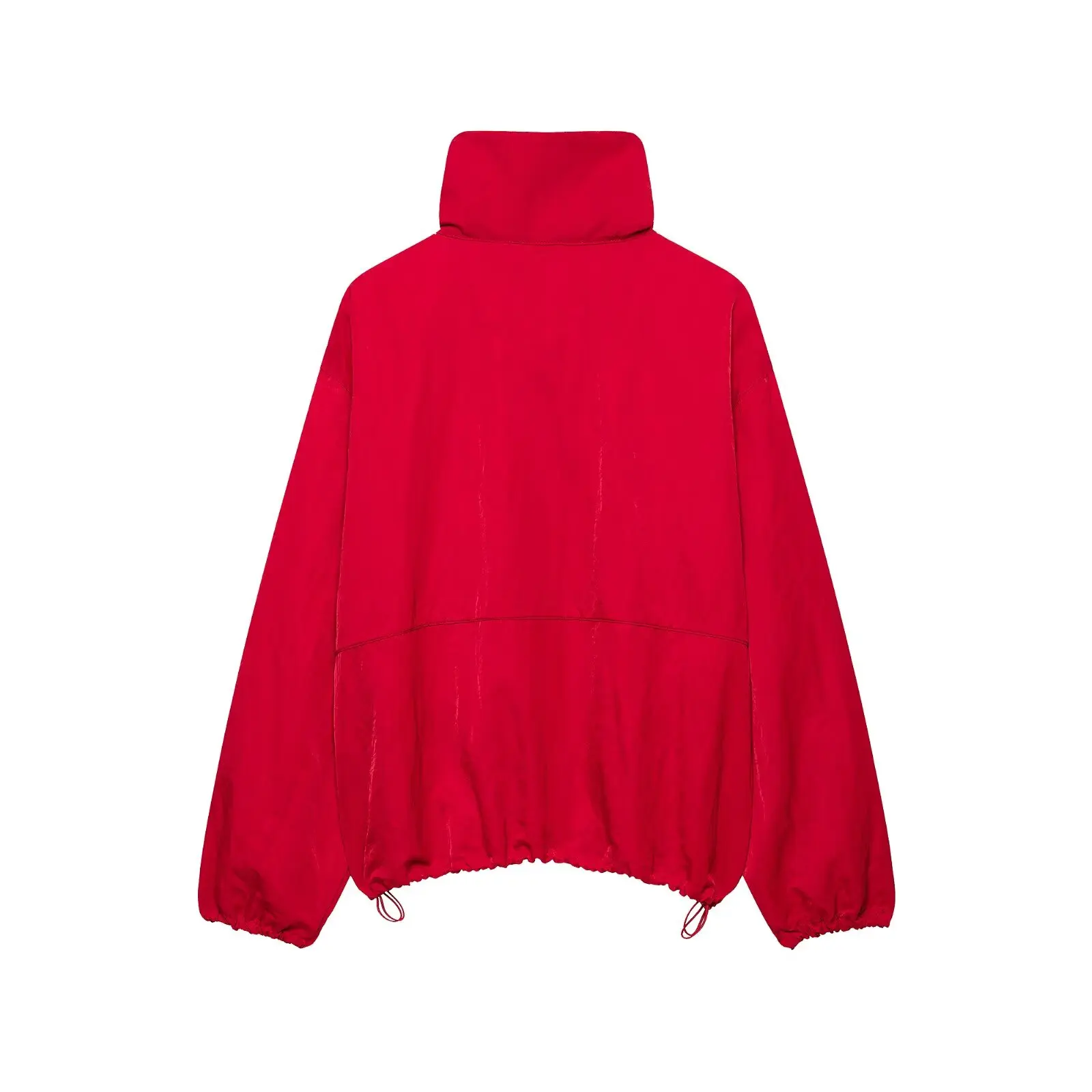 BSAY American Vintage Cropped Windbreaker Women Oversized Stand Collar Snap Button Drawstring Hem Pocket Casual Street Jacket