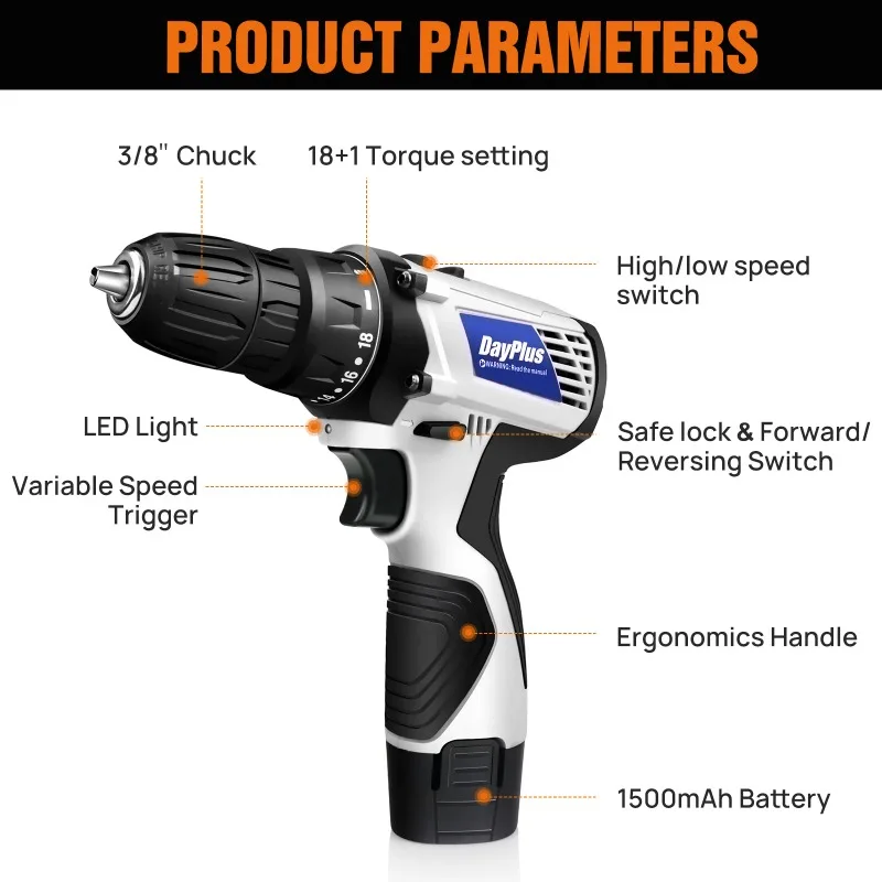 

【Brand new】DayPlus 12V Mini Cordless Drill Driver Kit Electric Screwdriver 45N.m Torque 3/8 Inch Keyless Chuck 18+1 LED Work Lig