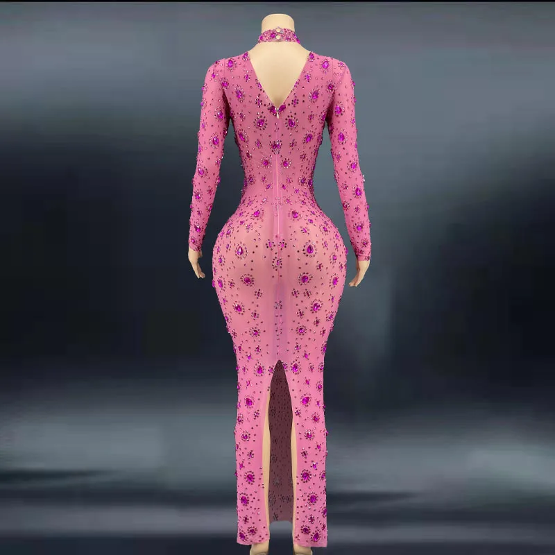 Vestido De noche De lentejuelas con diamantes De imitación, color rojo rosa, Sexy, largo, elegante, para fiesta, Club, cola De pez, Vestido Formal para mujer, Vestido De fiesta elegante