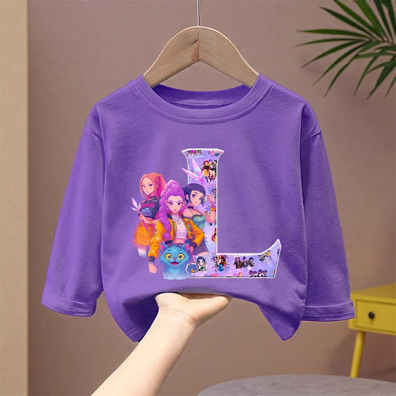 Новые детские футболки с длинными рукавами K Pop Demon Hunters, футболка с мультяшным принтом и буквами, повседневные топы для девочек, осенняя детская одежда
