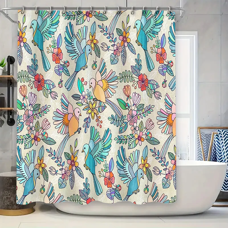 

Floral Bird Shower Curtain Botanical Tropical Nature Bathroom Decor Sets Waterproof Liner Vintage Farmhouse Style Washable Fabri