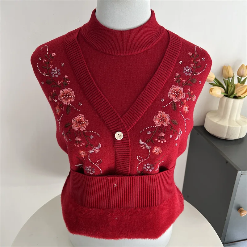 

Осень-зима, женский свитер с высоким воротником, одежда для мам среднего возраста, бархатная нижняя рубашка, женский искусственный вязаный топ из двух предметов