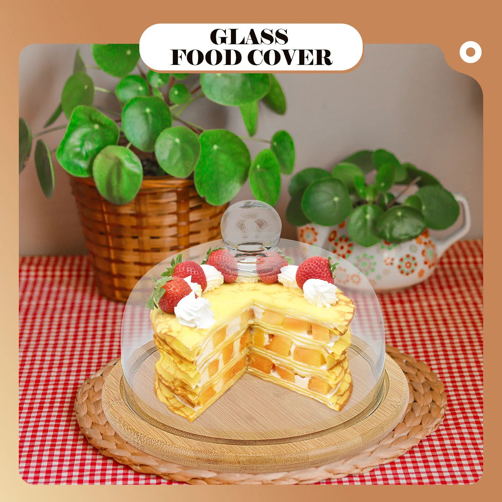 

1 Set Cake Glass Cover Transparent Pastry Plate Wood Base Safe Use Reusable Easy Clean Cake Display Plate Dessert Holder Bread