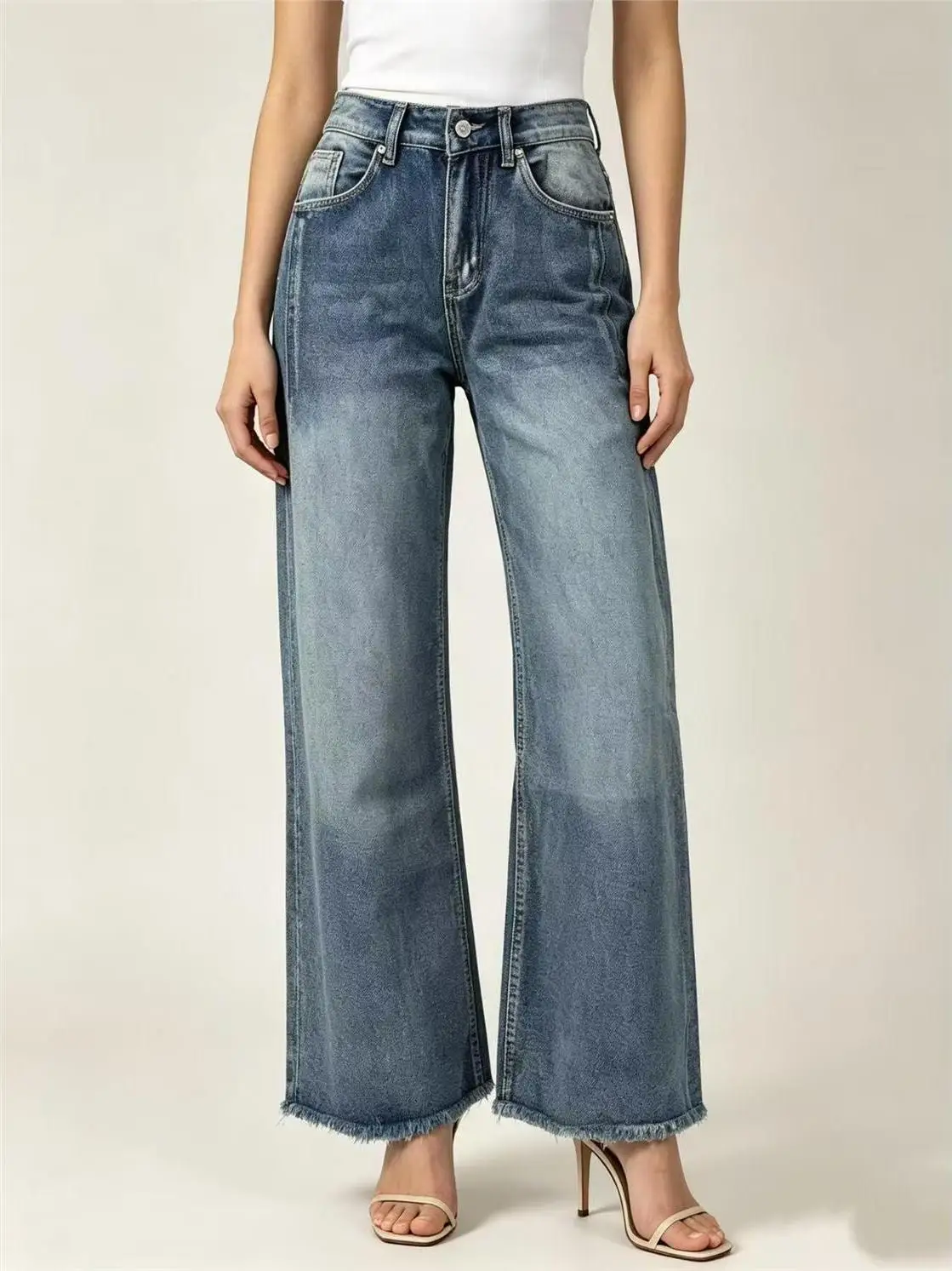 

Slimming High Waist Wide Leg Jeans Women's mid Length Nine Pants Commute Style Water Wash Cotton Denim No Brand Summer 2026