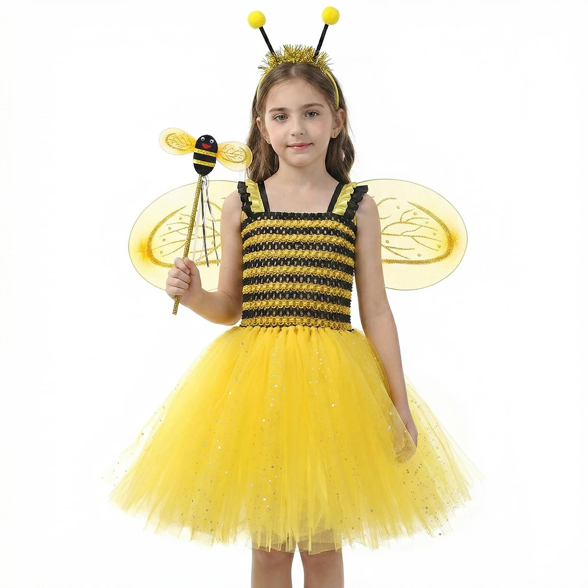 Cute Yellow and Black Bee Stripe Tutu Dress with Wings Baby Girls Flower Honeybee Costumes Kids Role-Playing Party Gown Dress