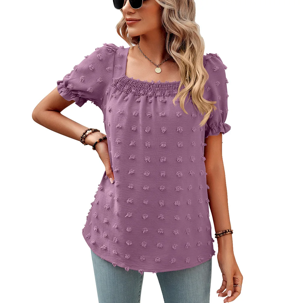 2024 New Women's Summer Blouse Chiffon Large Wool Ball Short Sleeved Shirt Square Neckline Pleated Shirt Female Casual T-shirt