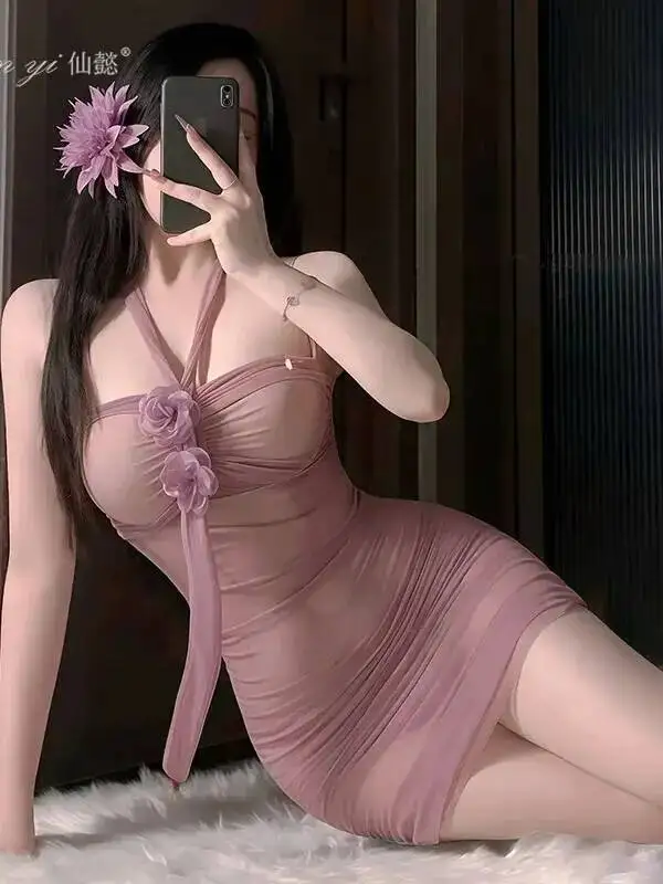 Dolce grigio maglia pizzo trasparente mini abito sottile sexy maglia camicia da notte trasparente tuta sexy abito elegante 2025 nuovo Z4SI