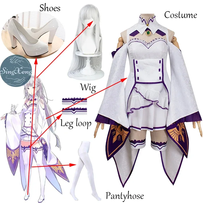 2025년 이이싱샹 애니메이션 Re: 제로부터 시작하는 다른 세계에서의 삶 에밀리아 코스프레 의상 가발 망토 여성 섹시 드레스 슈트 맞춤 제작