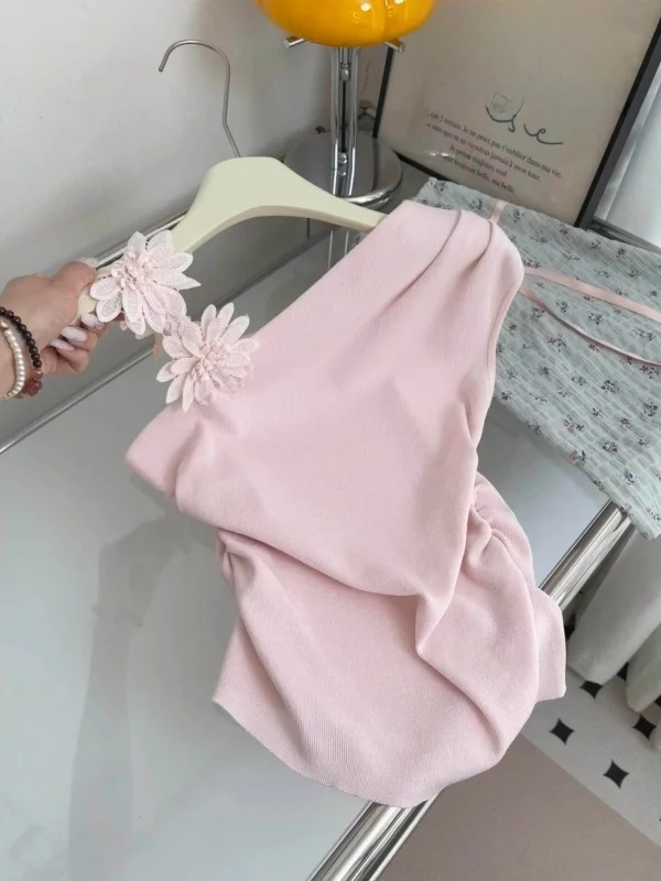 

Elegant Pink Floral Side-Shoulder Vest Women's Summer Small Size High-End Sleeveless Inner Wear Top Korean Style Commute