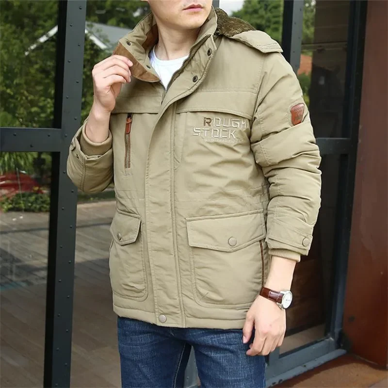 New Men's Warm Cotton Jacket with Thick Velvet and Length Autumn Winter New Jacket Outdoor Casual Jacket Man Overcoat Clothing