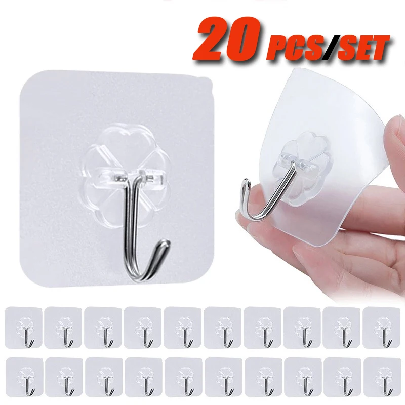 20PCS/set Transparent Stainless Steel Strong Self-adhesive Hooks Bathroom Towel Clothes Storage Sticky Hooks Key Pendant Storag