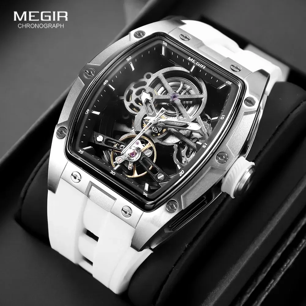 

MEGIR 2242 Fashion Barrel Type Men's Automatic Mechanical Watch Silicone Strap Hollow Skeleton Dial Watches for Man Reloj Hombre