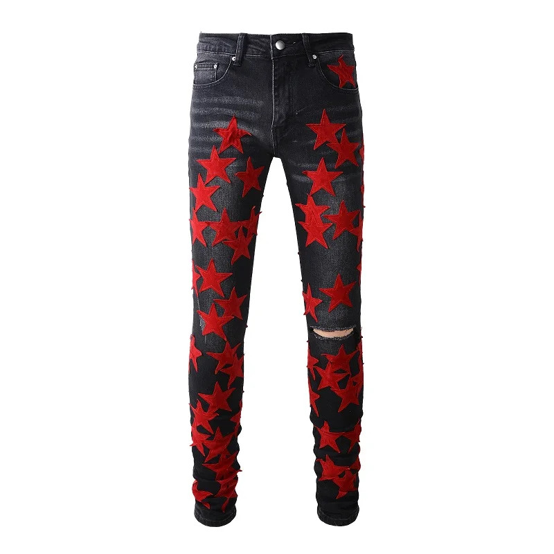 Men's Fashion Cool Designer Slim Fit Black Jeans Ripped Splicing Leather Red Star Stretch Holes Jeans A885