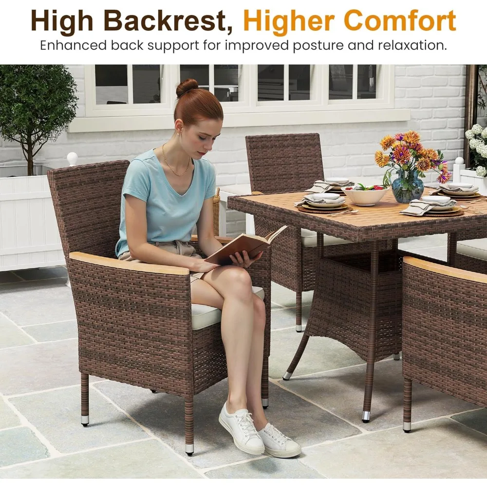 4人用パティオダイニングセット、全天候型ラタン屋外テーブルとアカシア材天板付き椅子、リモコン付きパティオダイニング家具