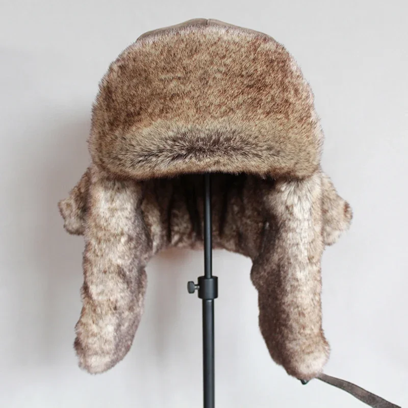 قبعات بومبر الشتاء الرجال الدافئة الروسية Ushanka قبعة مع الأذن رفرف بولي Leather الجلود الفراء الصياد قبعة إيرفلاب للنساء