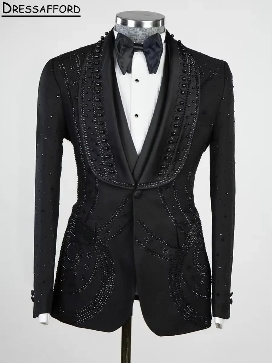 Black Handmade Beading Pearls Evening Party Men Suits Two Pieces Blazer Groom Wear ( Jacket + Pants )